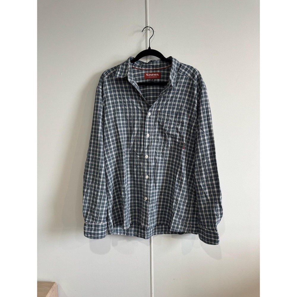 Simms Shirt Mens Large Blue Plaid Button Front Long Sleeve Fishing Outdoor